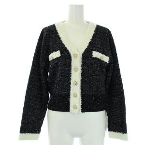 22SS ツイードニットカーディガン ノーカラージャケット F 黒 ブラック 白 ホワイト CWNT221096