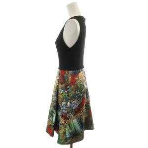 alice + olivia ワンピース ひざ丈 ノースリーブ プリント切替 0 XS 黒 ブラック 緑 グリーン