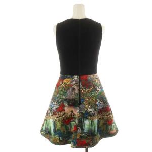 alice + olivia ワンピース ひざ丈 ノースリーブ プリント切替 0 XS 黒 ブラック 緑 グリーン