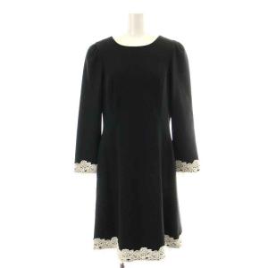 ワンピース ひざ丈 フレア レース 長袖 ウール 40 M 黒 ブラック 白 ホワイト