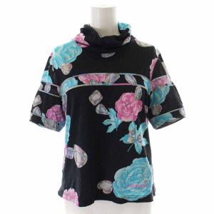 カットソー ハイネック シルク混 花柄 半袖 40 11号 L 黒 ブラック