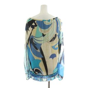 Emilio Pucci シャツ ブラウス 長袖 総柄 シルク 絹 I38 XS 青 ブルー 81RJ02