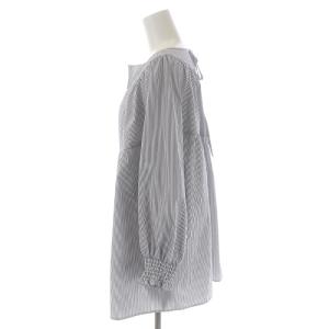 SHIPS エニィ any ミニサッカーティアードブラウス 2 シャツ カットソー 七分袖 Vカット バックリボン ストライプ F 白