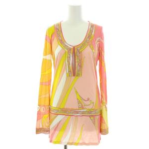 カットソー ブラウス ラウンドネック 長袖 総柄 I40 M ピンク 黄 イエロー 白 ホワイト