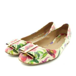 18SS パンプス ラウンドトゥ ローヒール レザー 花柄 8D 25.5cm アイボリー 赤 レッド 緑 グリーン