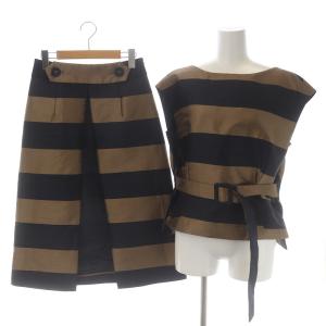 セットアップ 上下 シャンタンボーダー バックベルトブラウス ノースリーブ ロングスカート フロントスリット 38 M 36