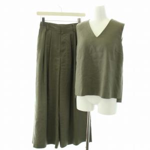 セットアップ 上下 ブラウス カットソー Vネック ノースリーブ ワイドパンツ ジップフライ 36 S カーキ
