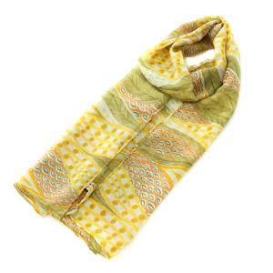 スカーフ 総柄 絹 シルク 黄 イエロー 黄緑 イエローグリーン 茶 ブラウン