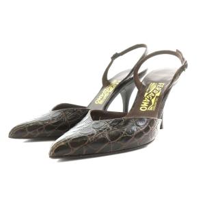 パンプス ポインテッドトゥ ヒール ストラップ レザー 型押し 7 24.5cm 茶 ブラウン