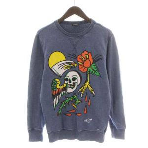 スウェット トレーナー 長袖 クルーネック プリント ガイコツ スカル XS 紺 ネイビー マルチカラー