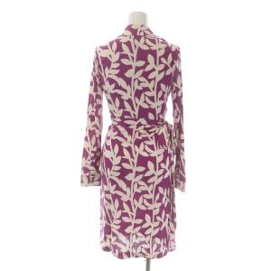 DIANE von FURSTENBERG NEW JEANNE ラップワンピース ひざ丈 オープンカラー カシュクール 長袖 総柄 絹 シルク 0 XS 紫 パープル