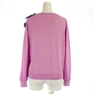 LANVIN en Bleu カーディガン ニット 長袖 クルーネック シルク混 リボン 38 M ピンク 紺 ネイビー