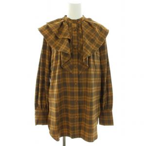 22AW イレギュラーフリルブラウス シャツ バンドカラー 長袖 チェック柄 36 S 茶 ブラウン 黒 ブラック