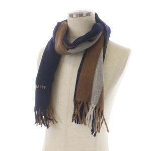 BALLY マフラー ストール フリンジ ロゴ ウール アンゴラ混 紺 ネイビー 茶色 ブラウン グレー