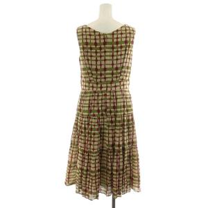 SYBILLA ワンピース ひざ丈 ノースリーブ シルク混 絹混 チャック柄 L 緑 グリーン 赤 レッド