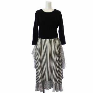 ワンピース 長袖 ニット マキシ ロング 切替 ストライプ柄 36 S 黒 ブラック 白 ホワイト グレー