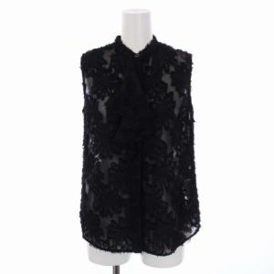 シャツ ブラウス ノースリーブ バンドカラー シフォンジャガード 36 S 黒 ブラック