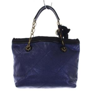 LANVIN トートバッグ チェーン キルティング サテン 切替 ロゴキーホルダー付き 鞄 紺 ネイビー