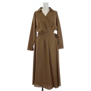 21SS ラップワンピース フレア ロング リネン混 長袖 リボン 36 S 茶 ブラウン