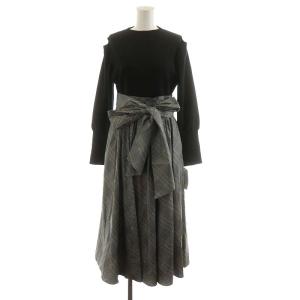 21AW ミラノリブニット×布帛 切替ワンピース ミモレ ロング 長袖 チェック柄 38 M 黒 ブラック CWN0214076