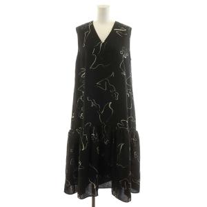 20SS コラボプリントワンピース ミモレ ロング ノースリーブ 38 M 黒 ブラック CWFO201004