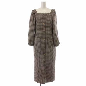 21AW チェックジャージワンピース タイトワンピース ミモレ ロング スクエアネック ボリュームスリーブ 長袖 36 S