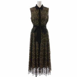 21AW カットワークノースリーブワンピース シャツワンピース ミモレ ロング 刺繍 リボン 36 S 茶 ブラウン 黒 ブラック