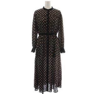 21AW パピヨンPTバンドカラーワンピース ひざ丈 蝶々柄 ペチコート付き 長袖 36 ブラック