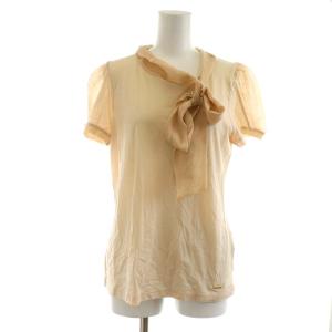 カットソー 半袖 リボン コットン シルク 絹 M ピンクベージュ