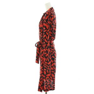 DIANE von FURSTENBERG ラップワンピース ひざ丈 長袖 リボンベルト リップ柄 絹 シルク 6 L 黒 ブラック 赤 レッド