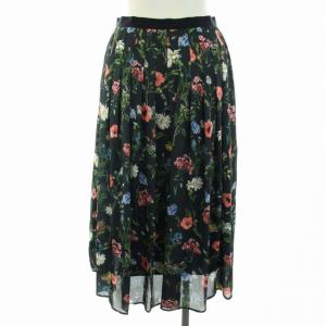 ANAYI 20SS フレアスカート ロング ミモレ丈 花柄 サテン 36 S 紺 ネイビー