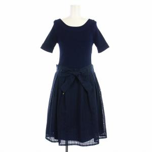 ワンピース フレア ひざ丈 半袖 ニット 切替 チェック ベルト付き 38 M 紺 ネイビー