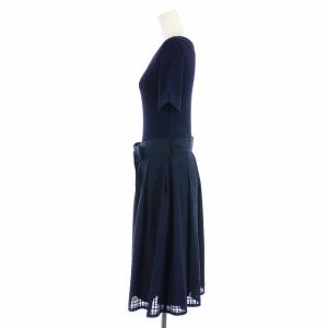 BLUE LABEL CRESTBRIDGE ワンピース フレア ひざ丈 半袖 ニット 切替 チェック ベルト付き 38 M 紺 ネイビー
