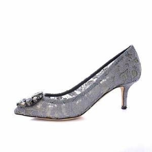 DOLCE&GABBANA ポインテッドトゥパンプス レース ピンヒール ビジュー シアー 36 23cm グレー