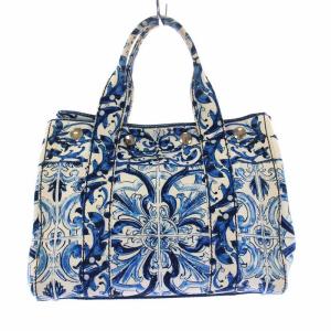 DOLCE&GABBANA マヨリカ柄  トートバッグ ハンドバッグ キャンバス 総柄 青 白 ブルー ホワイト