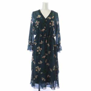 ワンピース マキシ ロング 花柄 シアー シースルー Vネック 36 S 緑 グリーン 紺 ネイビー