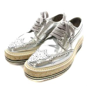PRADA スニーカー ウイングチップ メダリオン レザー 厚底 プラットフォーム 23.5cm シルバー色