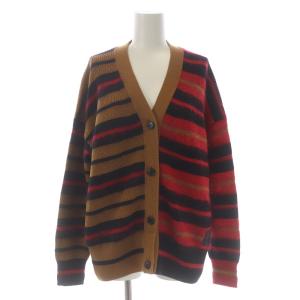 21AW ストライプカーディガン シャギーニット Vネック 長袖 ボーダー ウール モヘヤ混 M 赤 レッド 茶色 ブラウン