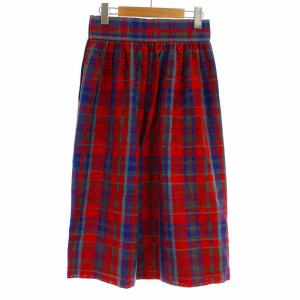 YVES SAINT LAURENT ヴィンテージ スカート フレア ミモレ ロング チェック 麻 リネン混 M 赤 レッド 青 ブルー