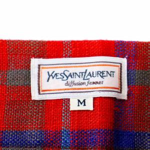 YVES SAINT LAURENT ヴィンテージ スカート フレア ミモレ ロング チェック 麻 リネン混 M 赤 レッド 青 ブルー