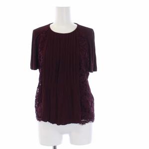 ニット カットソー 半袖 レース切替 クルーネック リボン S ボルドー