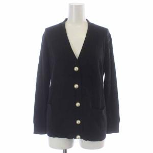 ニットカーディガン 長袖 Vネック パールボタン ウール混 XS 黒 ブラック