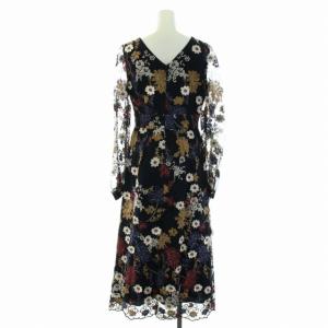 GRACE CONTINENTAL 20AW チュール花柄刺繍レースドレス ワンピース フレア シアー ロング Vネック 長袖 36 S 黒 ブラック 紺 ネイビー