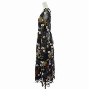 GRACE CONTINENTAL 20AW チュール花柄刺繍レースドレス ワンピース フレア シアー ロング Vネック 長袖 36 S 黒 ブラック 紺 ネイビー