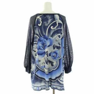 LEONARD FASHION チュニック カットソー メッシュ 切替 花柄 長袖 LL ブルー