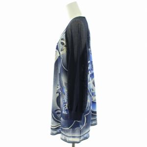 LEONARD FASHION チュニック カットソー メッシュ 切替 花柄 長袖 LL ブルー