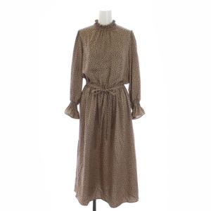 19SS ワンピース フレア ドット ハイネック フリル リボン 長袖 38 M 茶 ブラウン