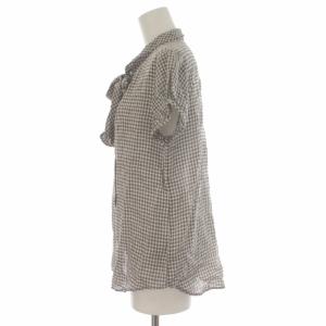 OLD ENGLAND シャツ ブラウス 半袖 ボウタイ リボン チェック柄 38 S 黒 ブラック 白 ホワイト グレー