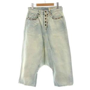 デニムパンツ ジーンズ サルエルパンツ ボタンフライ ビジュー スタッズ 装飾 USED加工 S ライトブルー