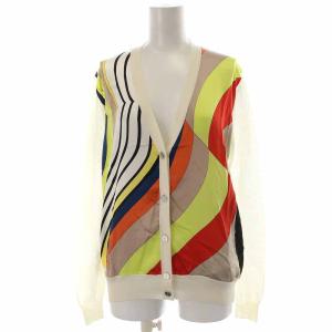 ニットカーディガン シルク ウール切替 総柄 長袖 XS 白 ホワイト
